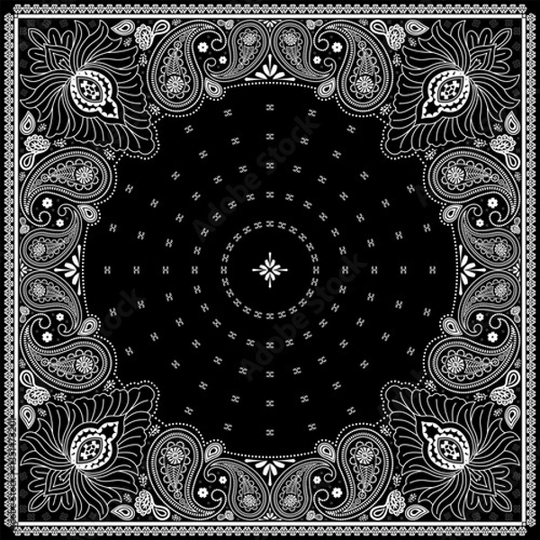 Fototapeta Bandana paisley square ethnic floral hand drawn pattern.Ornament classic vintage vector elements white on black background.Design for scarf,headscarf,kerchief,hijab,tablecloth,print fabric,decoration.