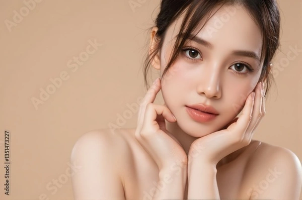 Fototapeta A poised and elegant woman with black silk hair, fresh skin, and a serene expression, sitting gracefully at a wooden table. The housedress and beige background complete the luxurious beauty aesthetic