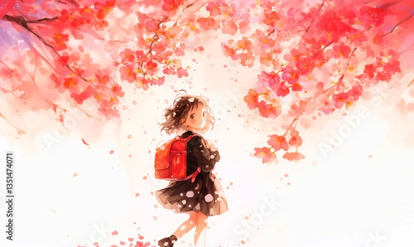 Obraz 新生活の喜びを感じている少女。桜。水彩。水彩画。イラスト。バナー素材。背景素材。