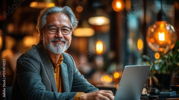 Obraz Senior man enjoys working on his laptop, surrounded by a comfortable atmosphere in a stylish cafe with soft lighting