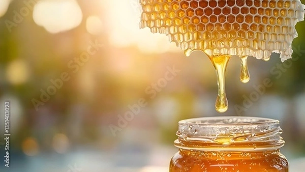 Obraz A honeycomb dripping honey into a glass jar, illuminated by soft, warm light. Concept Honeycomb Close-Up, Dripping Honey, Glass Jar, Warm Light, Culinary Photography