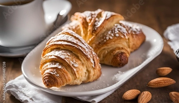 Fototapeta Almond Croissants are classic French pastries filled with almond cream, topped with shaved almonds and icing, served with hot coffee for a delightful treat.