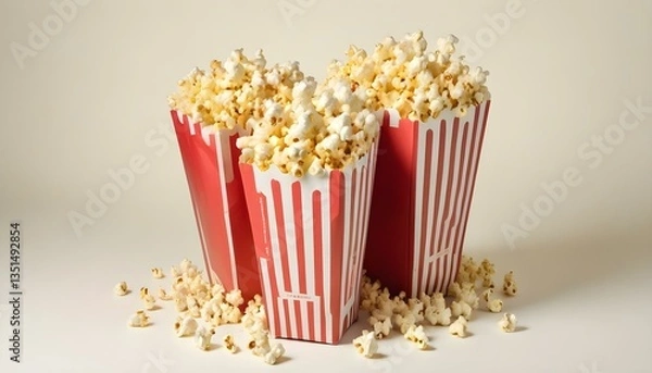 Obraz Two red paper bags filled with popcorn, isolated on a white background