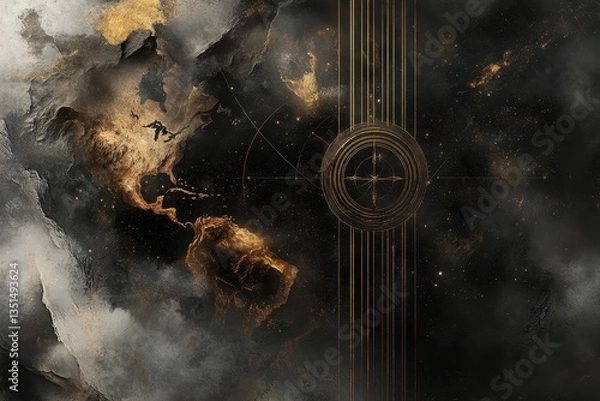 Fototapeta Abstract golden and dark celestial artwork showing swirling cosmic matter