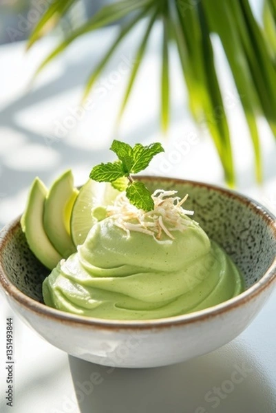 Obraz A silky, vibrant green avocado mousse, its smooth, airy texture forming delicate peaks, elegantly plated with a glossy lime zest drizzle that cascades over the surface