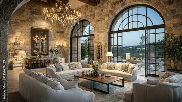 Fototapeta Elegant living room design with arched windows luxurious sofas stone wall neutral tones chandelier and scenic view