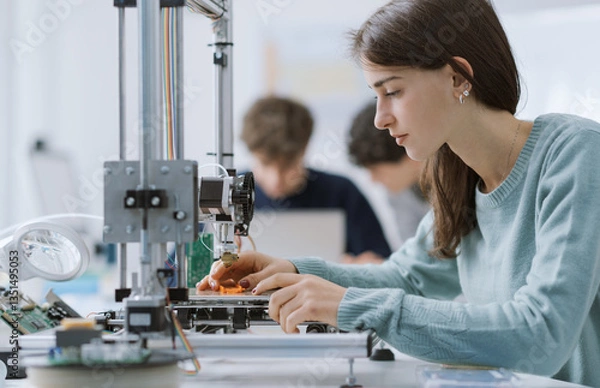 Fototapeta Female student using a 3D printer in the lab
