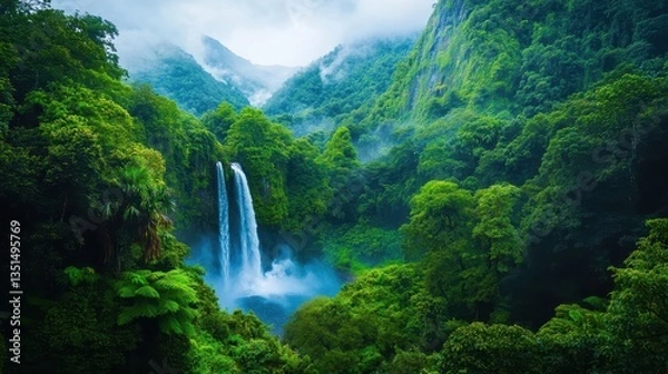 Fototapeta A waterfall is in the middle of a lush green forest