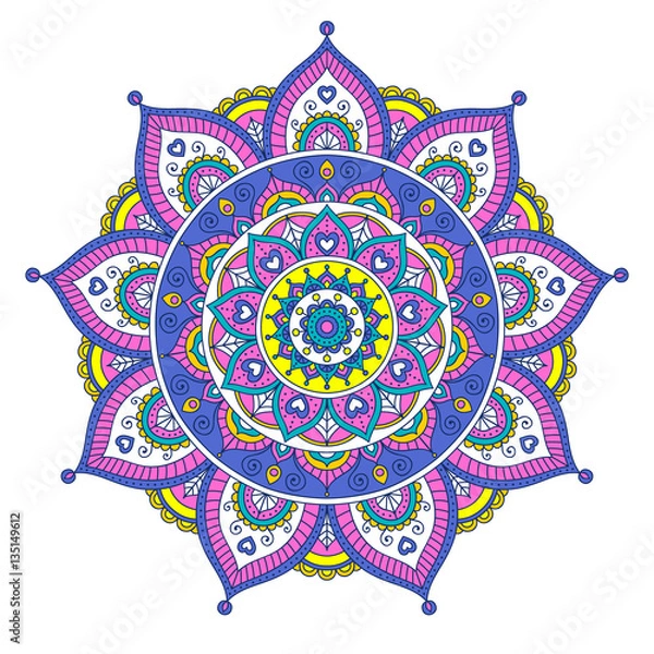 Fototapeta Vector hand drawn doodle mandala with hearts. Ethnic mandala with colorful ornament. Isolated. Tribal ornament. Pink, blue, yellow, white colors.