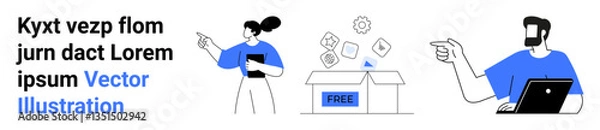 Fototapeta Two people engaged in conversation about creative resources with digital tools. Ideal for teamwork, innovation, brainstorming, creativity, learning, sharing ideas, flat landing page banner