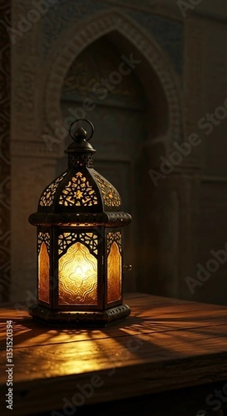 Fototapeta A beautifully lit lantern placed on a wooden table, casting warm golden light 