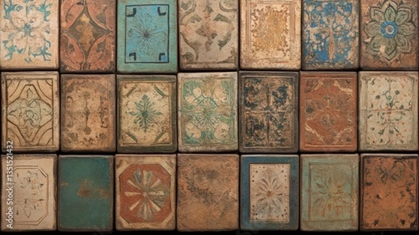 Fototapeta Multicolored Patterned Tiles in a Grid: Aged, Worn Appearance