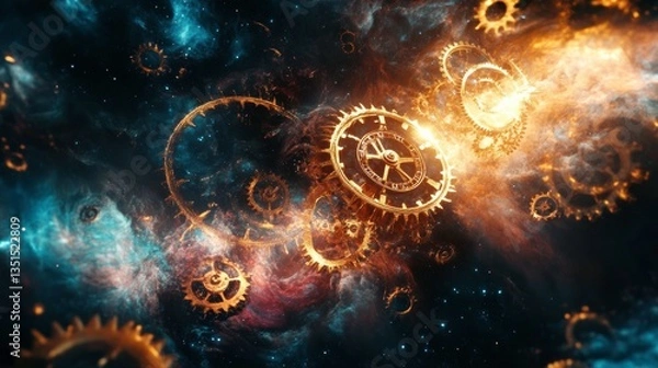 Obraz A surreal concept of time travel with clock gears floating in cosmic space