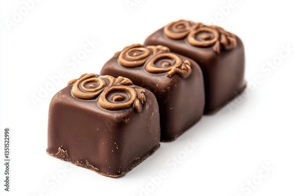 Obraz Three Luxurious Dark Chocolate Candies Lined Up on a Pristine White Surface Elegant Arrangement Close Up
