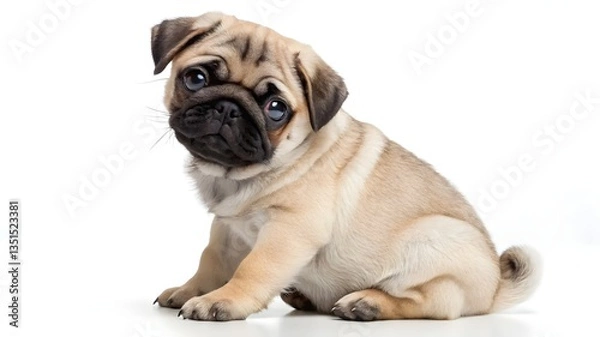 Fototapeta Adorable Pug Puppy Sitting Isolated on a White Background