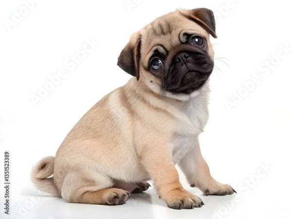 Fototapeta Adorable Pug Puppy Sitting Isolated on a White Background