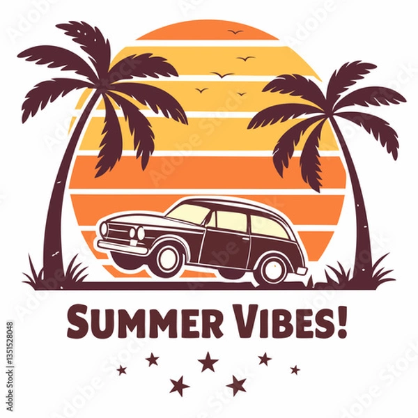 Fototapeta Summer Vibes SVG | Retro Sunset and Palm Trees Design