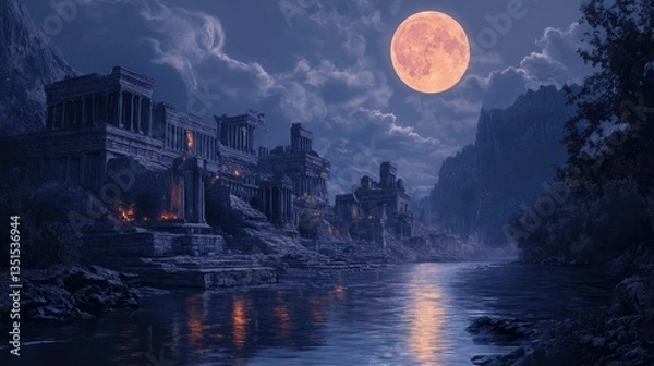 Fototapeta Moonlit Ruins, Ancient Structures Reflecting in Still Waters at Night