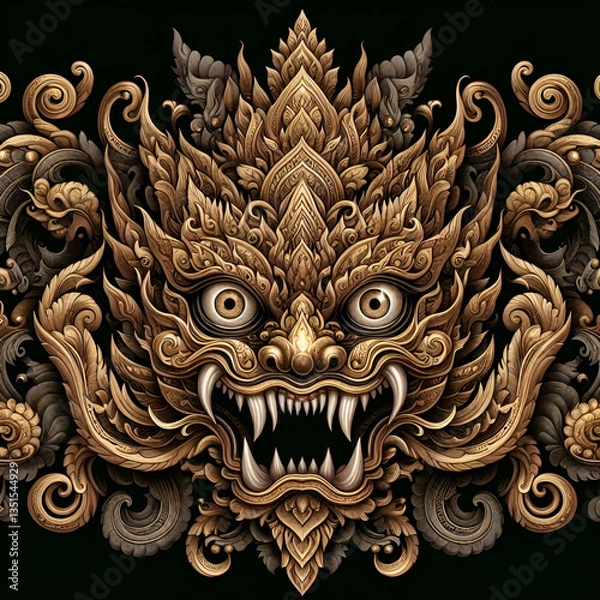 Fototapeta 金色とブロンズの神秘的な神獣の顔、鋭い牙と見開いた目が印象的なシンメトリーの伝統装飾アート、黒背景に映える緻密で迫力ある幻想的デザイン