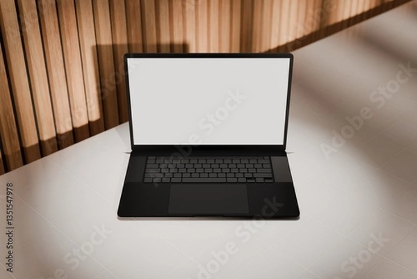 Fototapeta High end laptop on tile studio floor and acoustic backdrop. Blank mockup template screen. Spotlight from above