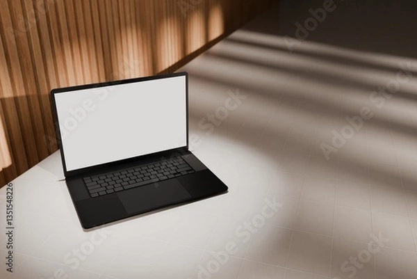 Fototapeta High end laptop on tile studio floor and acoustic backdrop. Blank mockup template screen. Spotlight from above