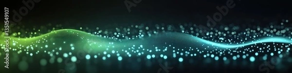 Obraz A captivating abstract gradient of green, cyan, and dark gray, with glowing dots scattered across the screen, creating the look of a sound wave or music equalizer