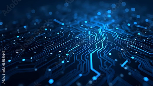 Obraz A circuit board with glowing blue lines and intricate electronic pathways creates a futuristic, high-tech digital landscape with neon lights and data flow visualization against a dark background.



