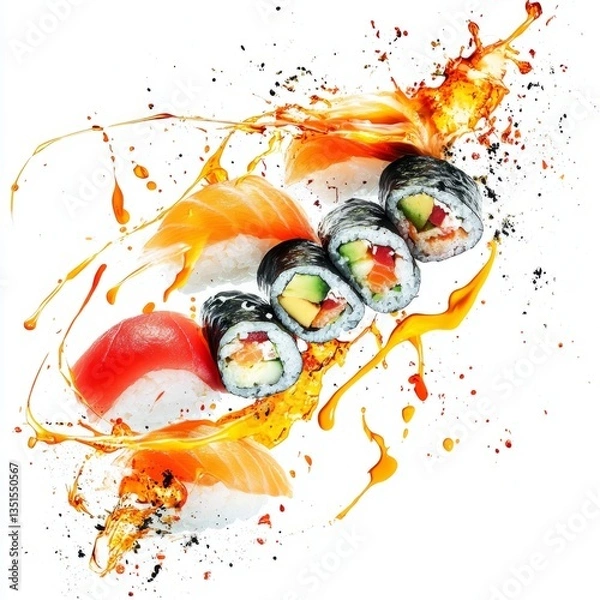 Fototapeta Artistic Sushi Rolls with Fish Roe Topping, Avocado, and Cucumber on a Vibrant Splash-Painted Background