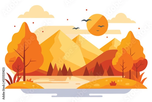 Fototapeta Autumn Landscape Flat Design with Lake, Mountains, Forest, Sun, Birds and Clouds