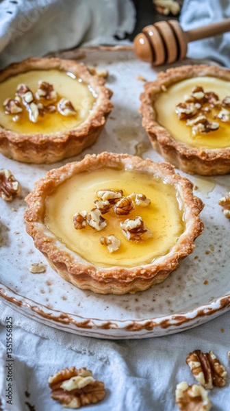 Fototapeta Delicious tartlets with feta mousse and honey topped with walnuts for gourmet appetizers