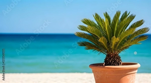 Fototapeta A beachside scene with a vibrant blue ocean backdrop and a potted palm plant, AI Generated
