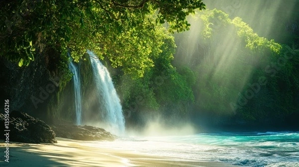 Obraz Enchanting waterfall cascading onto tranquil beach under radiant sunlight