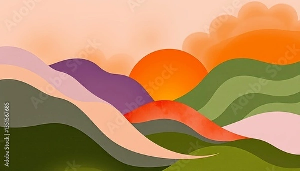 Fototapeta Sunset Mountains Abstract Landscape Warm Hues Paper Cut Style