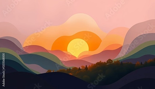 Fototapeta Layered Mountain Sunset Landscape Vivid Colors Simple Style
