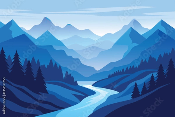 Fototapeta Flat Blue Mountain Landscape, River Flowing through Forest, Tranquil and Serene View