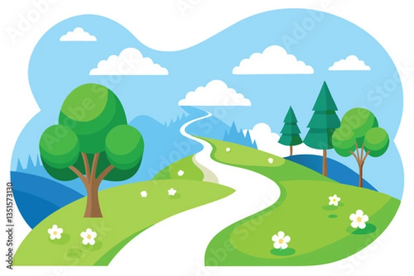 Fototapeta Flat Design Landscape with Winding Path, Trees, Hills, Sky, and Clouds