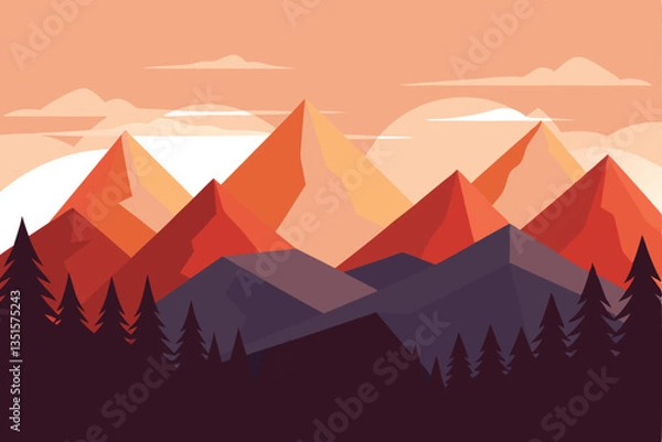 Fototapeta Geometric Mountain Range, Forest Trees, Sky, Orange Color Palette, Minimalist Style