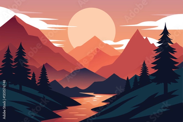 Fototapeta Minimalist Mountain Landscape River, Trees, Sunset, Calm, Nature, Scenery and Serenity