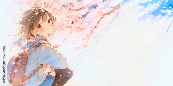 Obraz 桜の舞い散るなか、しゃがんで微笑みかける少女。水彩、新生活イラスト、水彩画、バナー素材、春の素材、背景、素材。