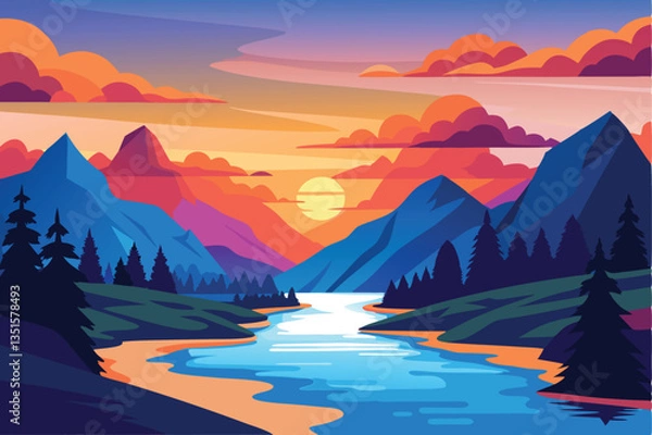 Fototapeta Mountain Landscape with River & Setting Sun, Colorful Abstract Design, Flat
