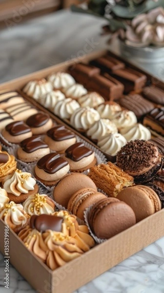Fototapeta Assorted gourmet pastries in a gift box on a marble surface with plants in the background