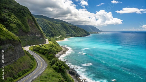 Fototapeta Aerial view of an old Italian town showing old rooftops and a bustling Sicilian market in the town square overlooking the azure sea.	
