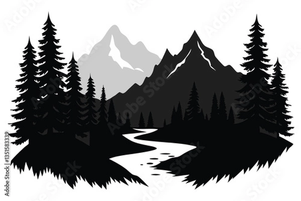 Fototapeta Silhouette Landscape with Pine Trees, Mountains, and River Design