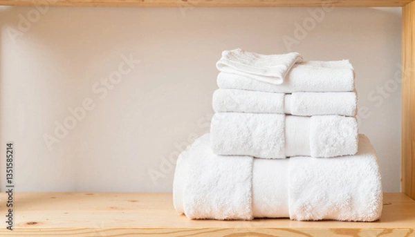 Fototapeta Soft white spa towels neatly stacked on wooden shelf, relaxation concept