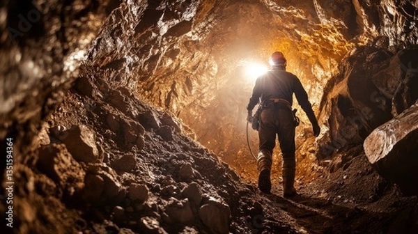 Obraz A miner working deep underground with a headlamp.