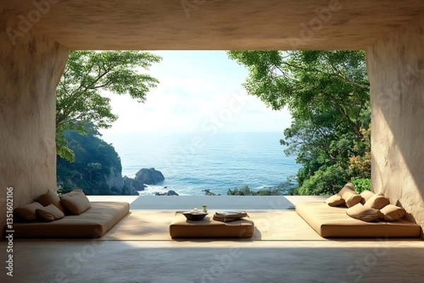 Fototapeta Coastal Retreat: Sun-drenched lounge overlooking the ocean.