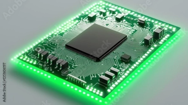 Fototapeta Close-Up View of a Green Illuminated Circuit Board with Transistors and Microprocessor for Technology Background