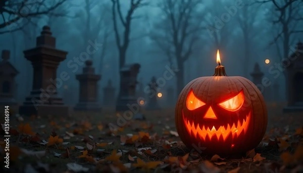 Obraz Glowing Jack O' Lantern Displayed in a Foggy Graveyard Setting with Carved Face and Candlelight, Perfect for Halloween Night and Spooky Season, Creating an Eerie Atmosphere