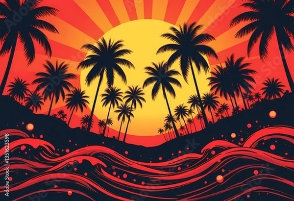 Fototapeta Silhouette of palm trees at sunset over ocean waves.