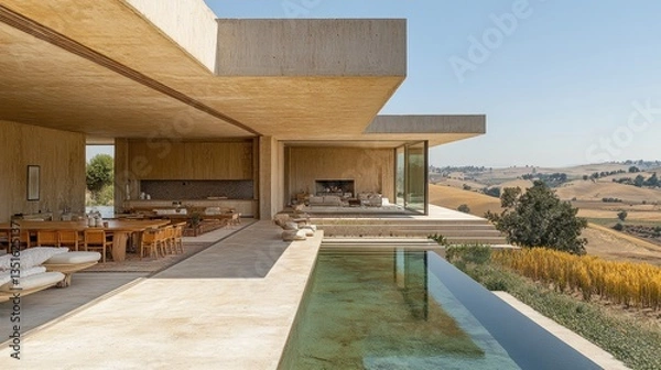 Fototapeta Expansive desert home with infinity pool and stunning views